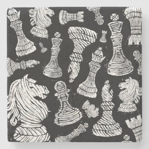Posavasos De Piedra Linocut de figuras de ajedrez en blanco y negro