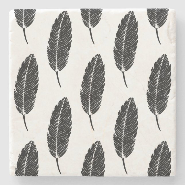 Posavasos De Piedra Linocut de plumas rusticas en blanco y negro (Anverso)