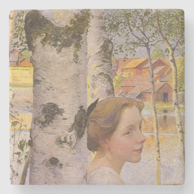 Posavasos De Piedra Lisbeth en el Birch Grove (bella joven Chica) (Anverso)