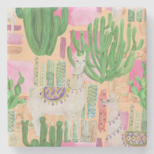 Posavasos De Piedra Llamas acuarelas, cactus: patrón sin costura.