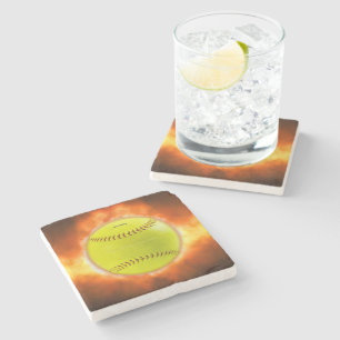 Posavasos De Piedra Llamas de baloncesto de softball amarillo de Slipp