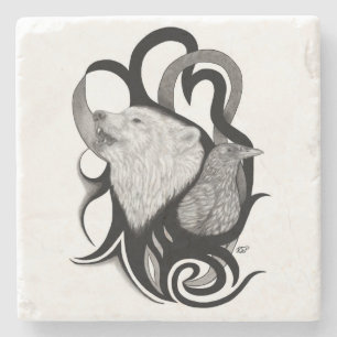 Posavasos De Piedra Lobo blanco con arte tribal de Raven