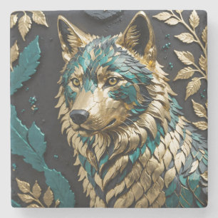 Posavasos De Piedra Lobo en azul verde y dorado con hojas