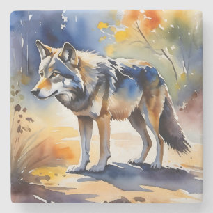 Posavasos De Piedra Lobo en una pintura de acuarela del bosque
