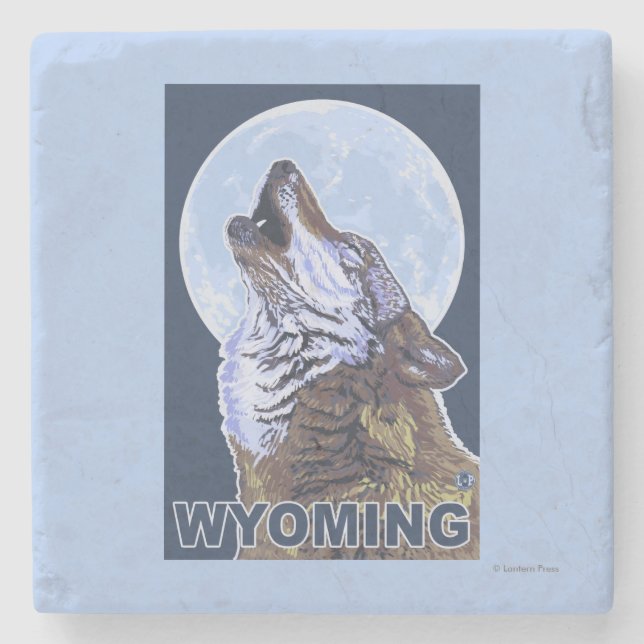 Posavasos De Piedra Lobo gris HowlingWyoming (Anverso)