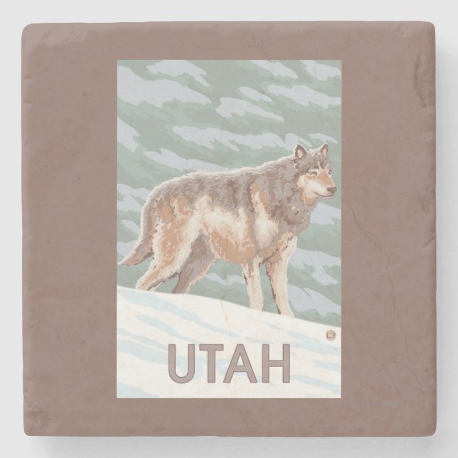 Posavasos De Piedra Lobo gris StandingUtah (Anverso)