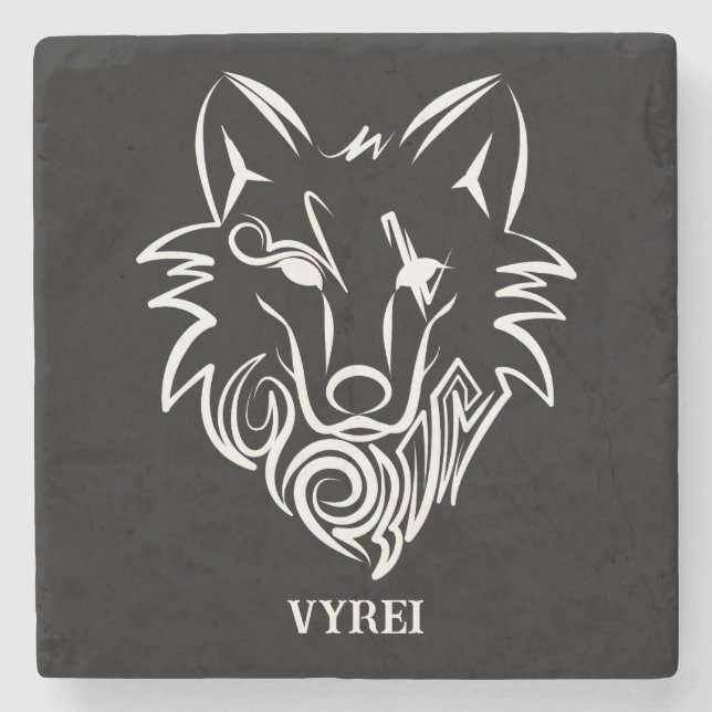 Posavasos De Piedra Lobo tribal blanco y negro (Anverso)