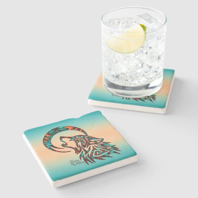 Posavasos De Piedra Lobo Tribal En La Pascua De La Piedra De La Luna (Lateral)