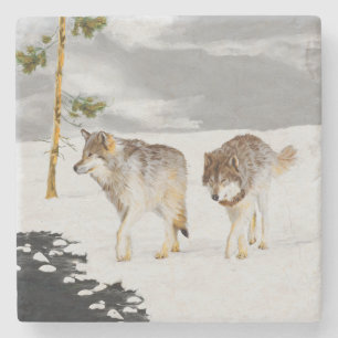 Posavasos De Piedra Lobos en pintura de nieve - Arte de vida salvaje o