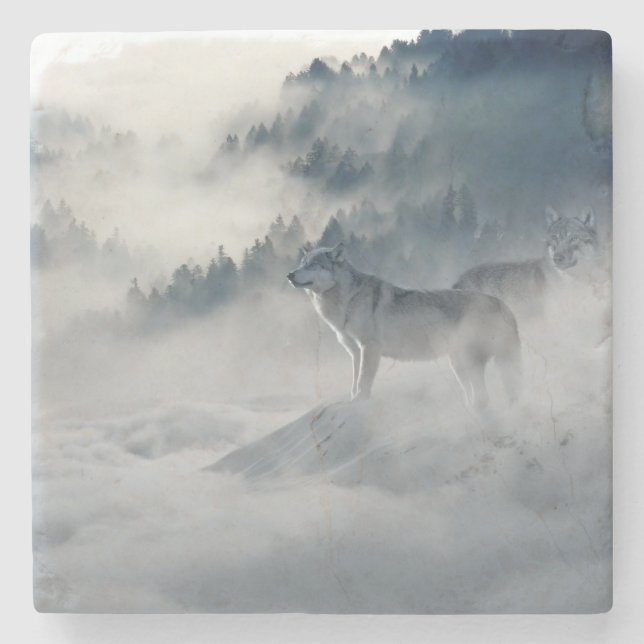 Posavasos De Piedra Lobos en un paisaje invernal (Anverso)