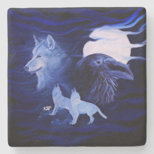 Posavasos De Piedra Lobos y Raven con luna llena
