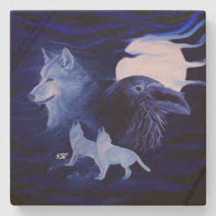 Posavasos De Piedra Lobos y Raven con luna llena