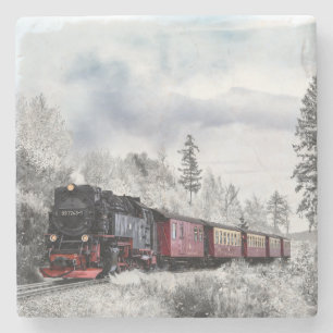 Posavasos De Piedra Locomotora de Vapor Viajando a Través de la Nieve