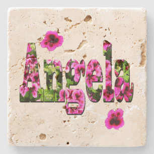 Posavasos De Piedra Logotipo de nombre de Angela floral rosa,