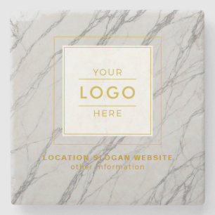 Posavasos De Piedra Logotipo Empresarial Marco de Oro Mármol Blanco Mo