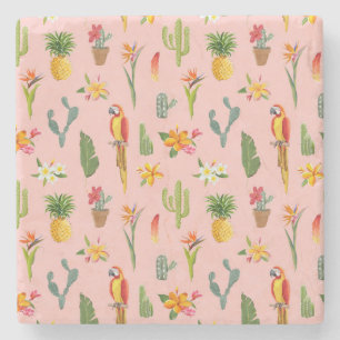 Posavasos De Piedra Loro Tropical, Patrón Vintage de Cactus.