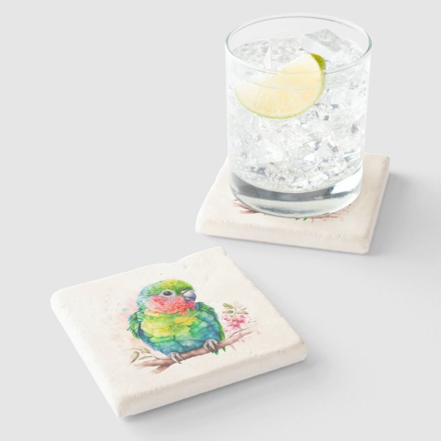 Posavasos De Piedra Loro verde - Ave bebé (Lateral)