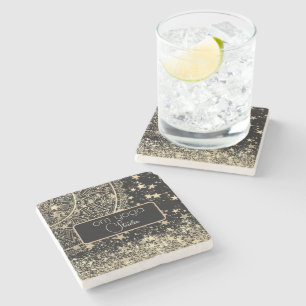 Posavasos De Piedra Lotus Mandala con estrellas de oro en negro person