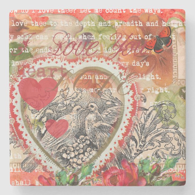 Posavasos De Piedra Love Birds Heart Red Art Collage (Anverso)