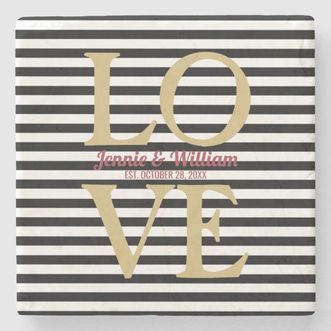 Posavasos De Piedra LOVE on Black Stripes Boda Date (Anverso)
