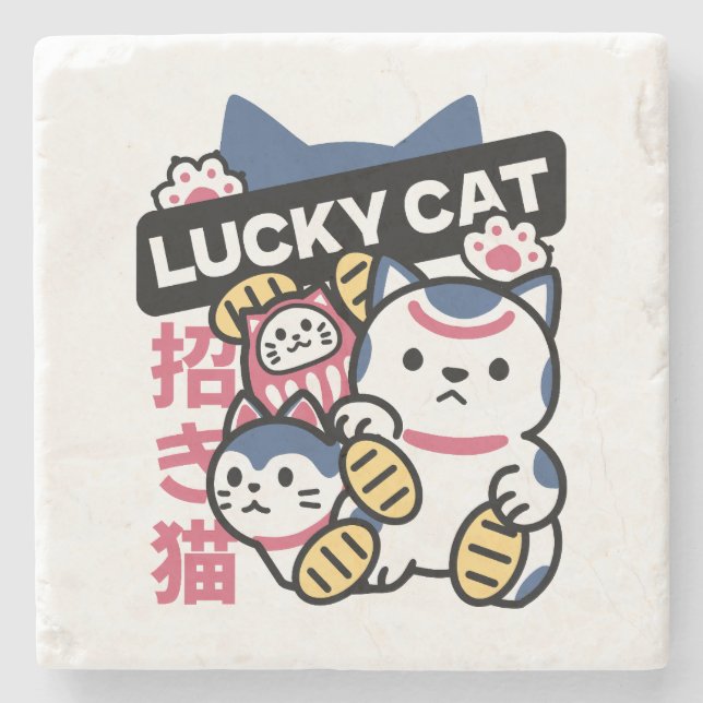 Posavasos De Piedra Lucky Cat Maneki Neko – Japanese Fortune Cat  (Anverso)