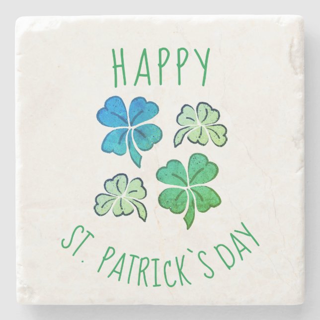 Posavasos De Piedra Lucky Shamrock Clover Happy St. Patrick's day Ston (Anverso)