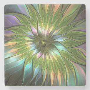 Posavasos De Piedra Luminoso colorido Fantasía Flor Fractal Art