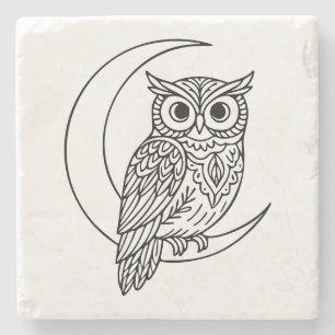 Posavasos De Piedra Luna Búho Línea de Arte con Luna Creciente