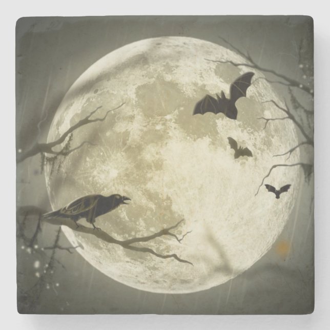 Posavasos De Piedra Luna llena con murciélagos y Raven (Anverso)