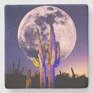 Posavasos De Piedra Luna Llena Sobre Cactus Saguaro