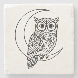Posavasos De Piedra Luna Owl Line Art with Crescent Moon