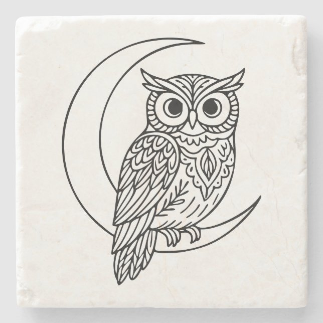 Posavasos De Piedra Luna Owl Line Art with Crescent Moon (Anverso)