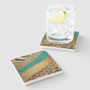 Posavasos De Piedra Luxury Emerald & Gold Safari Leopard Zebra Glitter