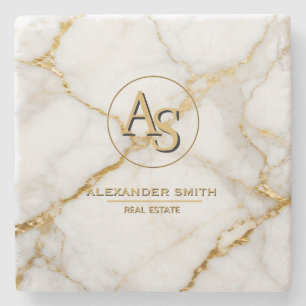 Posavasos De Piedra Luxury White Marble Gold Monogram Real Estate 
