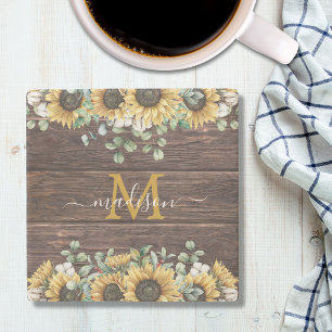 Posavasos De Piedra Madera marrón de eucalipto girasol amarillo monogr