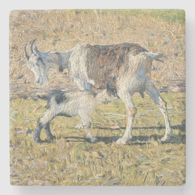 Posavasos De Piedra Madre cabra con su hijo pequeño (por Segantini) (Anverso)