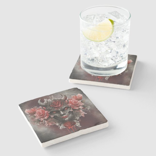 Posavasos De Piedra Magia | Demonio de cuerno oscuro con ojos rojos br (Lateral)