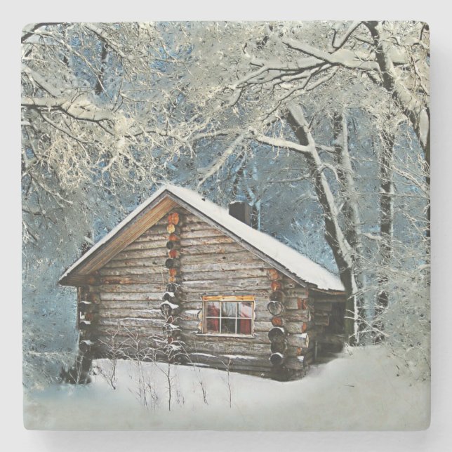 Posavasos De Piedra Mágica de invierno de cabinas de registro rústico (Anverso)