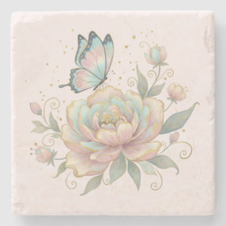 Posavasos De Piedra Magical Rose and Butterfly Pastel Colors