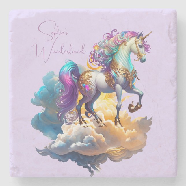 Posavasos De Piedra Magical Unicornio Fantasy nubes romance cumpleaños (Anverso)