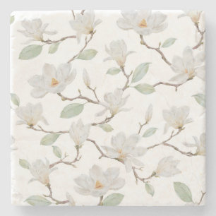 Posavasos De Piedra Magnolia blanca pintada a mano en blanco