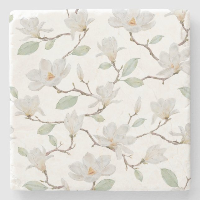 Posavasos De Piedra Magnolia blanca pintada a mano en blanco (Anverso)