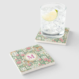 Posavasos De Piedra Mahjong Chinoiserie Floral Monogram Personalized