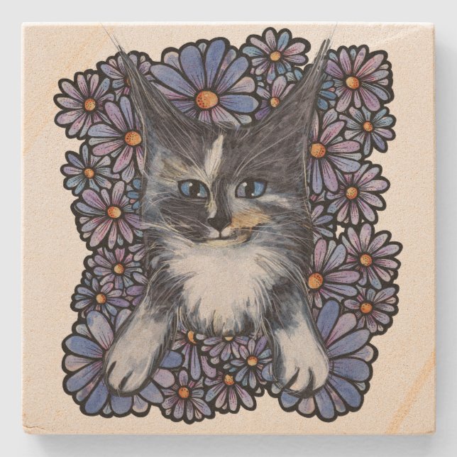 Posavasos De Piedra Maine Coon Dilute Calico Cat Purple Daisy (Anverso)