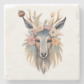 Posavasos De Piedra Majestad Floral: ciervo con flores y plumas