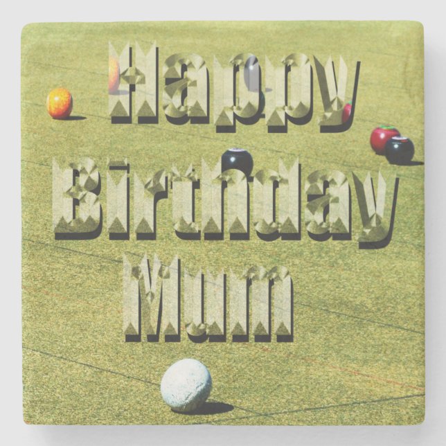 Posavasos De Piedra Mamá de bowling en césped, cumpleaños feliz (Anverso)