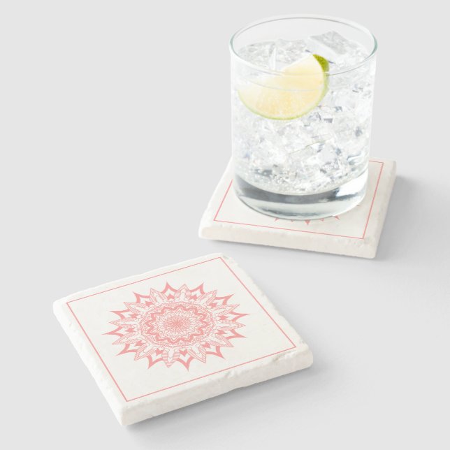 Posavasos De Piedra Mándala de círculo ornamentado rosa (Lateral)