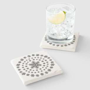 Posavasos De Piedra Mandalá de copos de nieve minimalista en blanco y