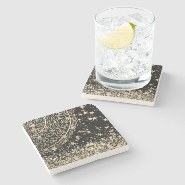 Posavasos De Piedra Mandala encantadora con estrellas de oro en negro (Lateral)