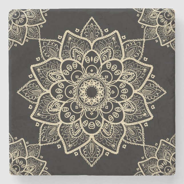 Posavasos De Piedra Mandala floral beige sobre fondo negro (Anverso)